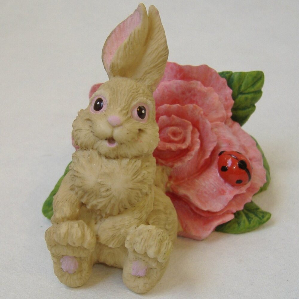 Bunny Rabbit Pink Flower Statue Figurine Easter Painted Green Leaf Red Lady Bug